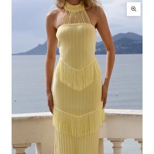 Elegant Yellow Fringe Halter Dress